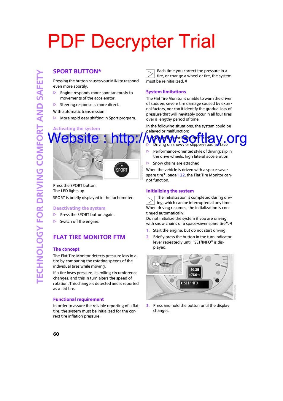 Sport button, Flat tire monitor ftm, Pdf decrypter trial | Mini 2009 Clubman User Manual | Page 62 / 160