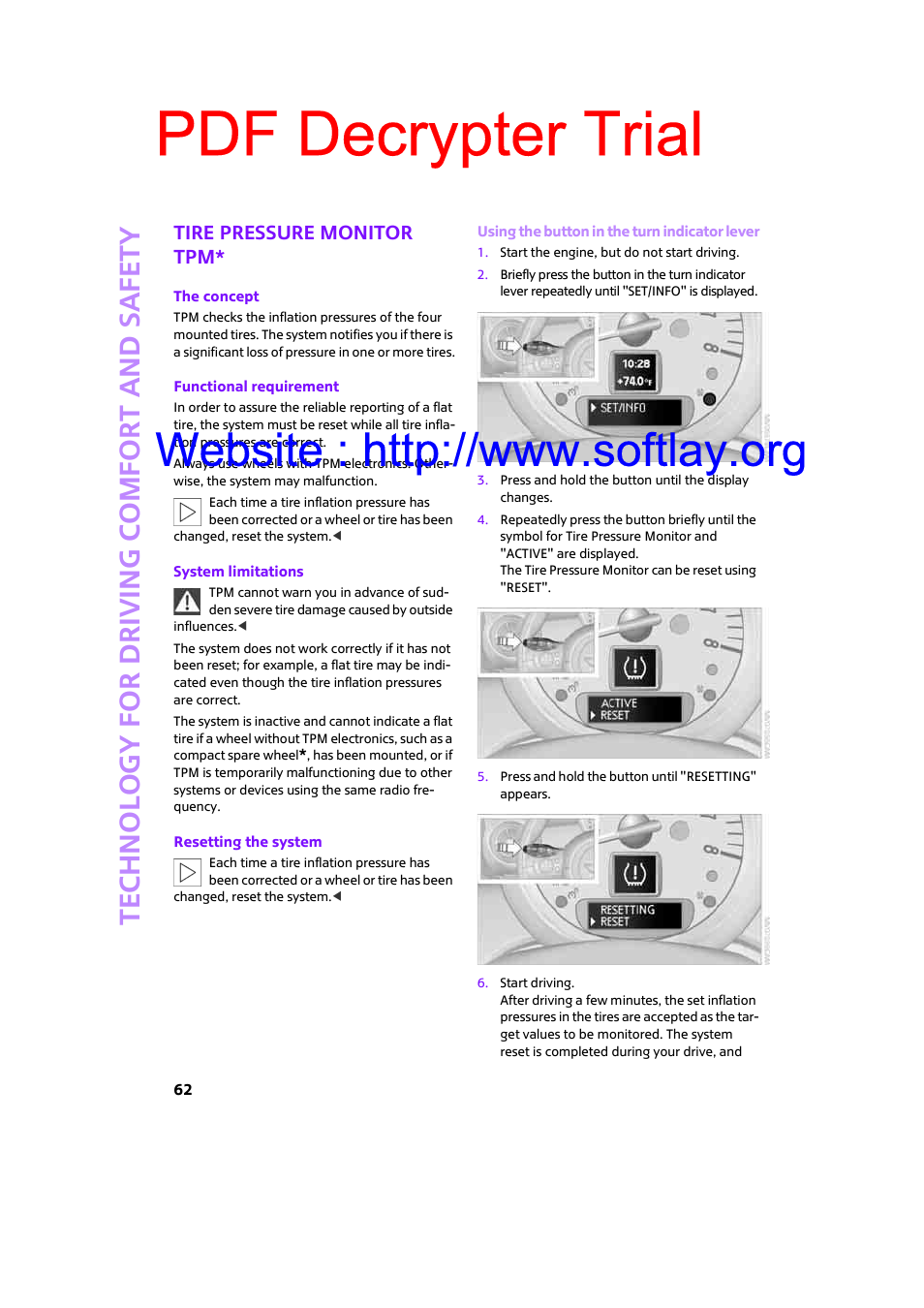 Tire pressure monitor tpm, Pdf decrypter trial | Mini 2009 Clubman User Manual | Page 64 / 160