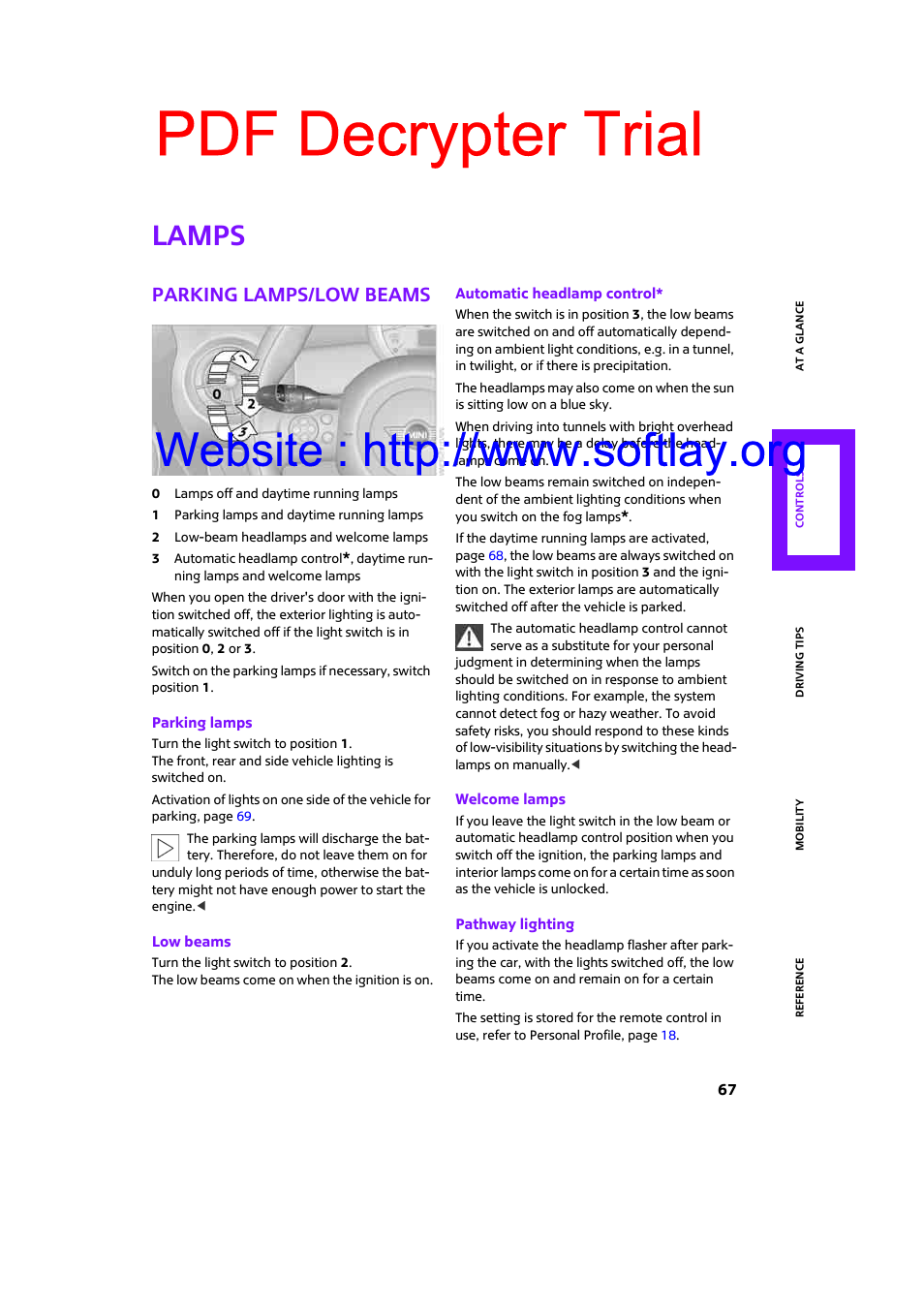 Lamps, Parking lamps/low beams, Pdf decrypter trial | Mini 2009 Clubman User Manual | Page 69 / 160