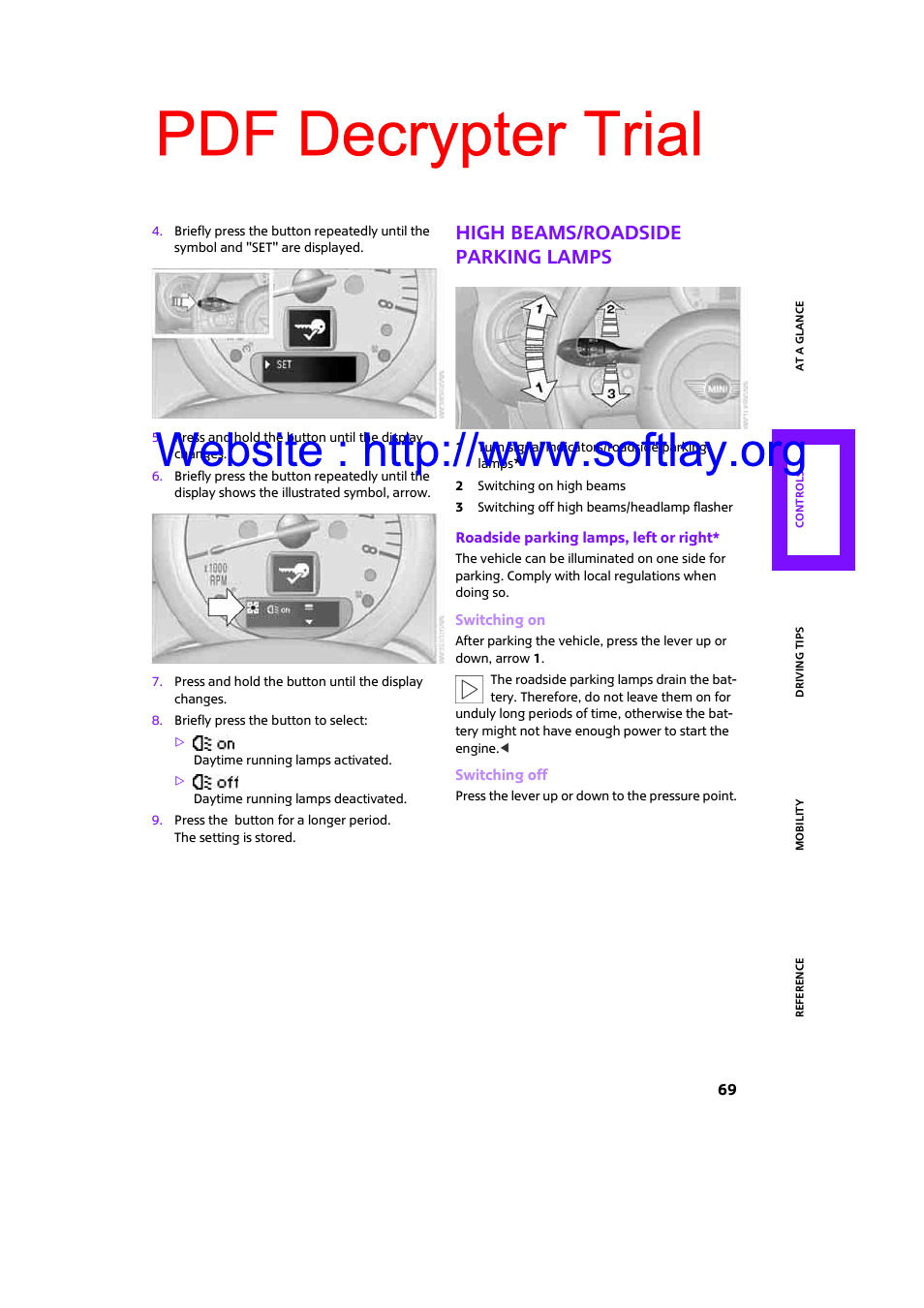 High beams/roadside parking lamps, Pdf decrypter trial | Mini 2009 Clubman User Manual | Page 71 / 160
