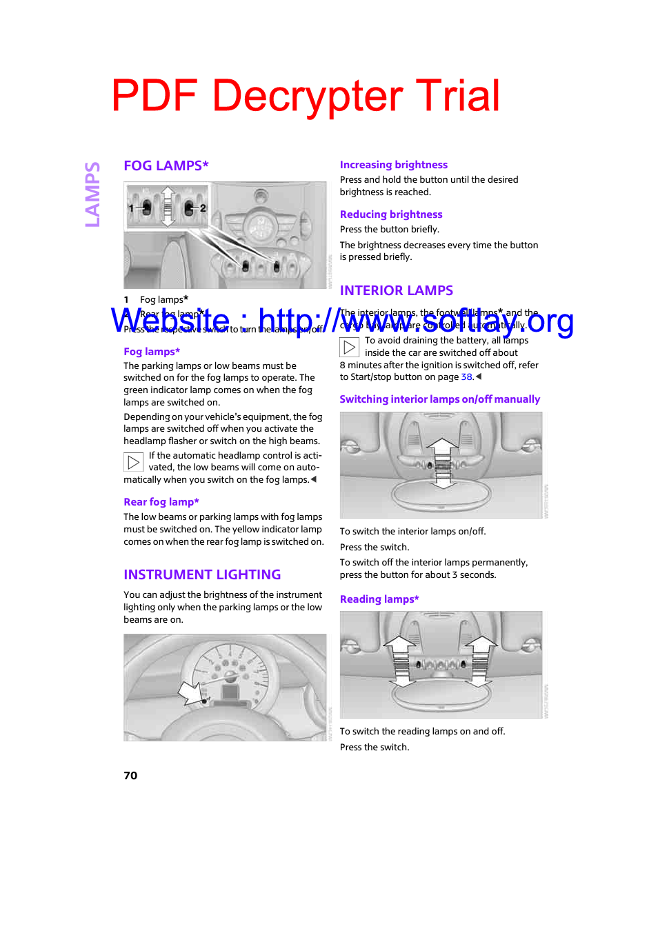 Fog lamps, Instrument lighting, Interior lamps | Pdf decrypter trial, Lamp s | Mini 2009 Clubman User Manual | Page 72 / 160