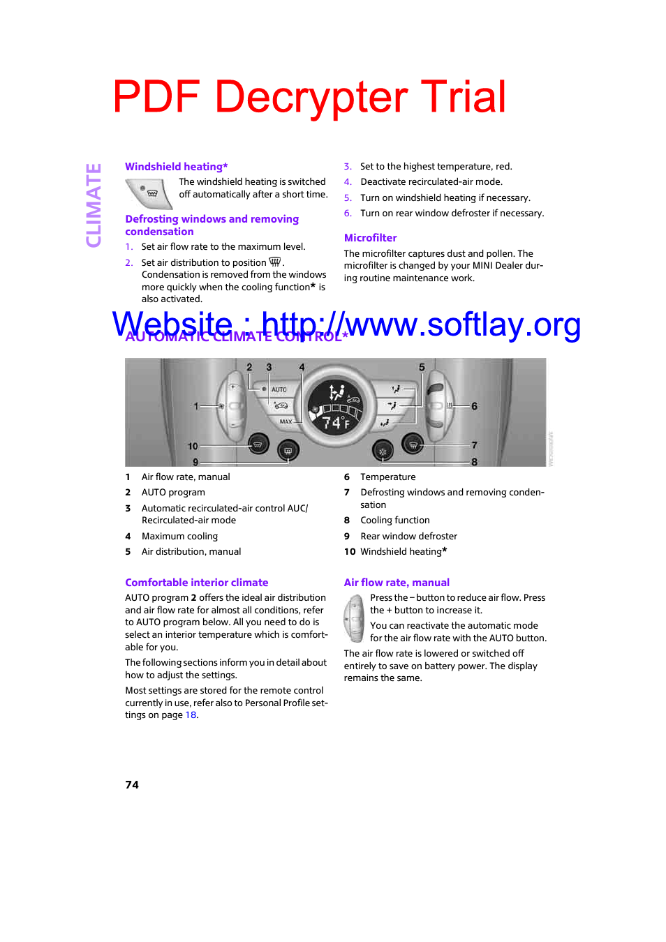 Automatic climate control, Pdf decrypter trial, Climat e | Mini 2009 Clubman User Manual | Page 76 / 160