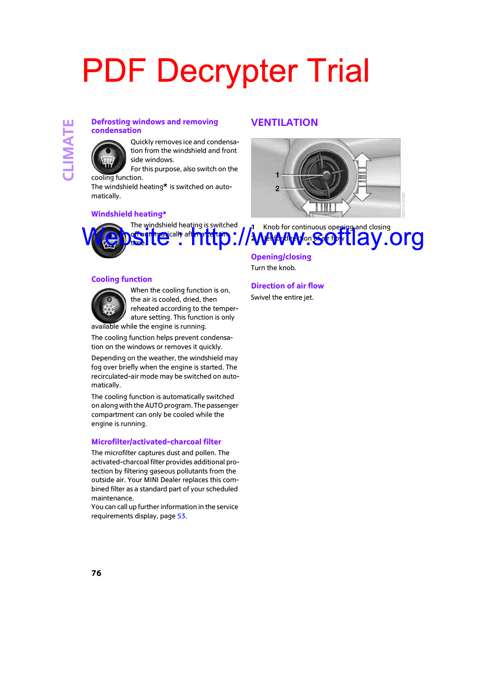 Ventilation, Pdf decrypter trial, Climat e | Mini 2009 Clubman User Manual | Page 78 / 160