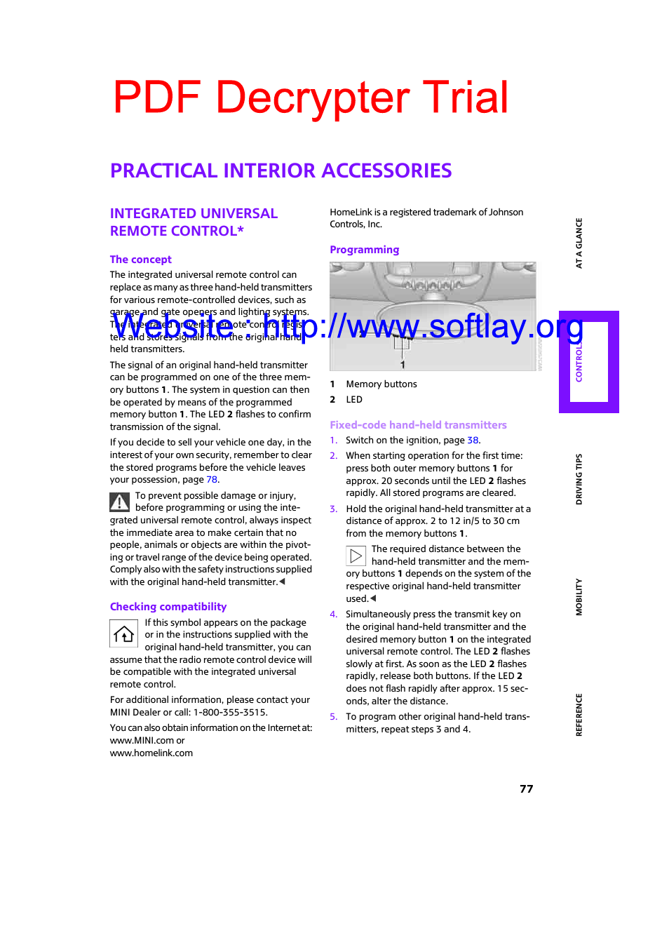 Practical interior accessories, Integrated universal remote control, Pdf decrypter trial | Mini 2009 Clubman User Manual | Page 79 / 160