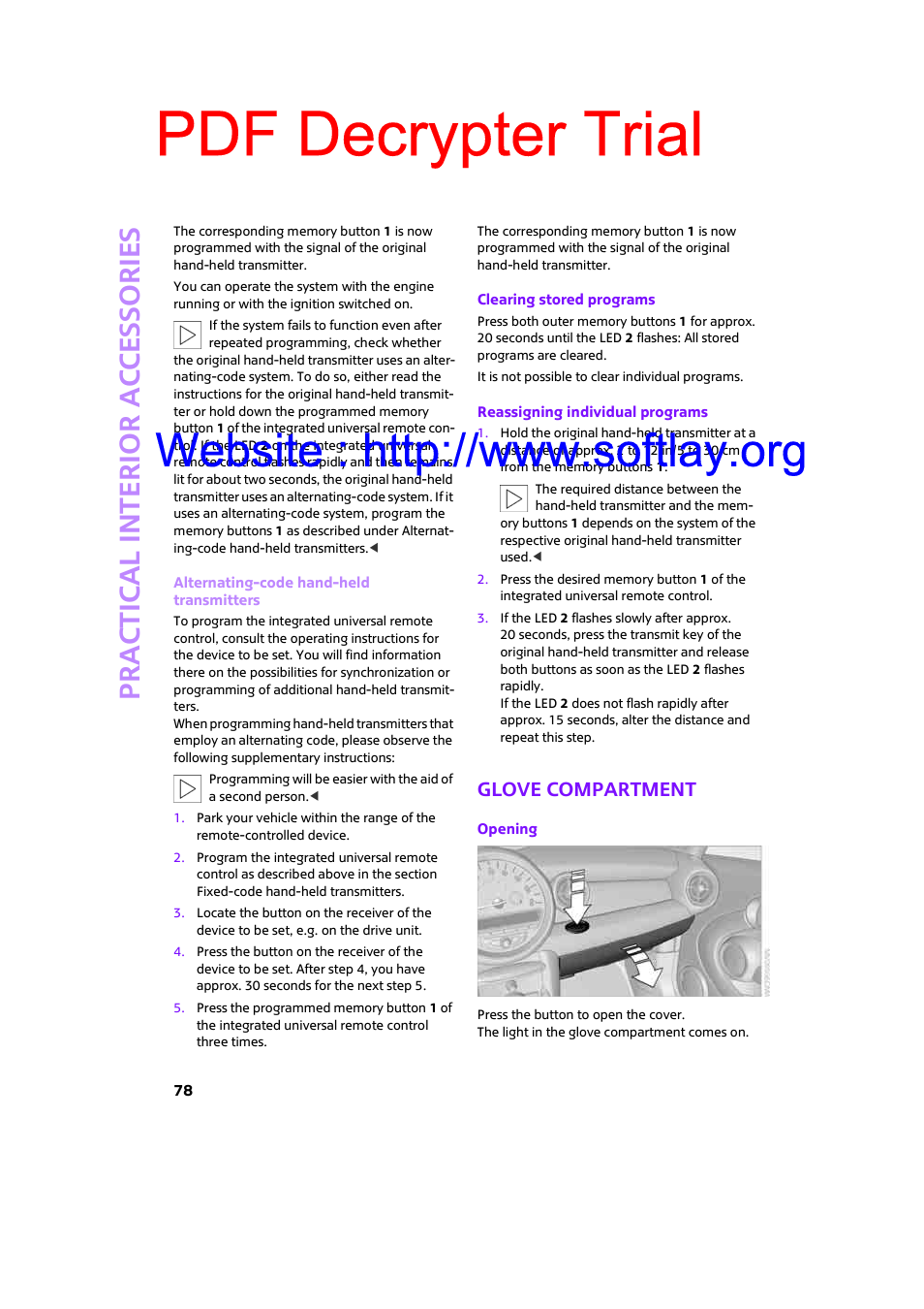 Glove compartment, Pdf decrypter trial, Prac tic al interio r ac cess o r ie s | Mini 2009 Clubman User Manual | Page 80 / 160
