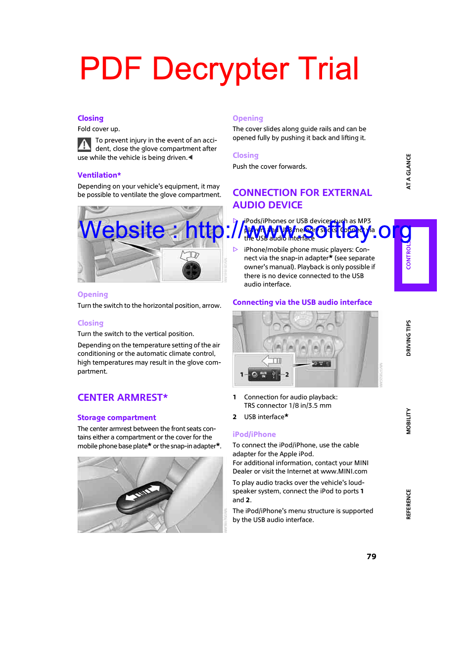 Center armrest, Connection for external audio device, Pdf decrypter trial | Mini 2009 Clubman User Manual | Page 81 / 160