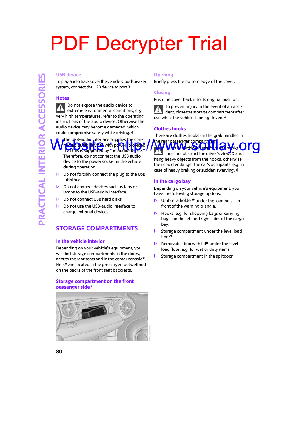 Storage compartments, Pdf decrypter trial, Prac tic al interio r ac cess o r ie s | Mini 2009 Clubman User Manual | Page 82 / 160