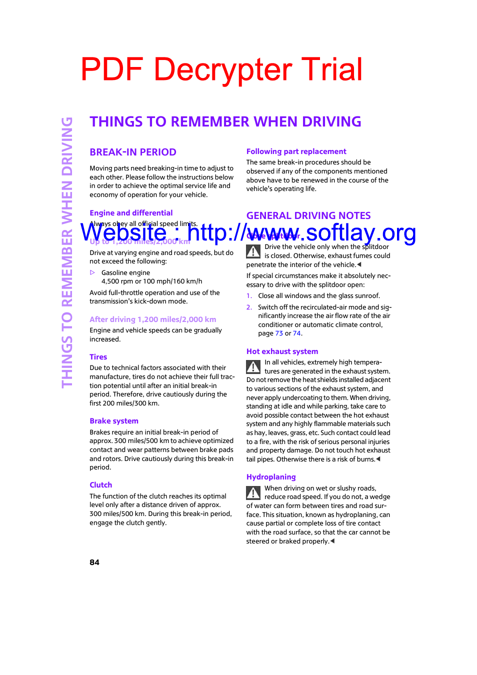 Things to remember when driving, Break-in period, General driving notes | Pdf decrypter trial | Mini 2009 Clubman User Manual | Page 86 / 160