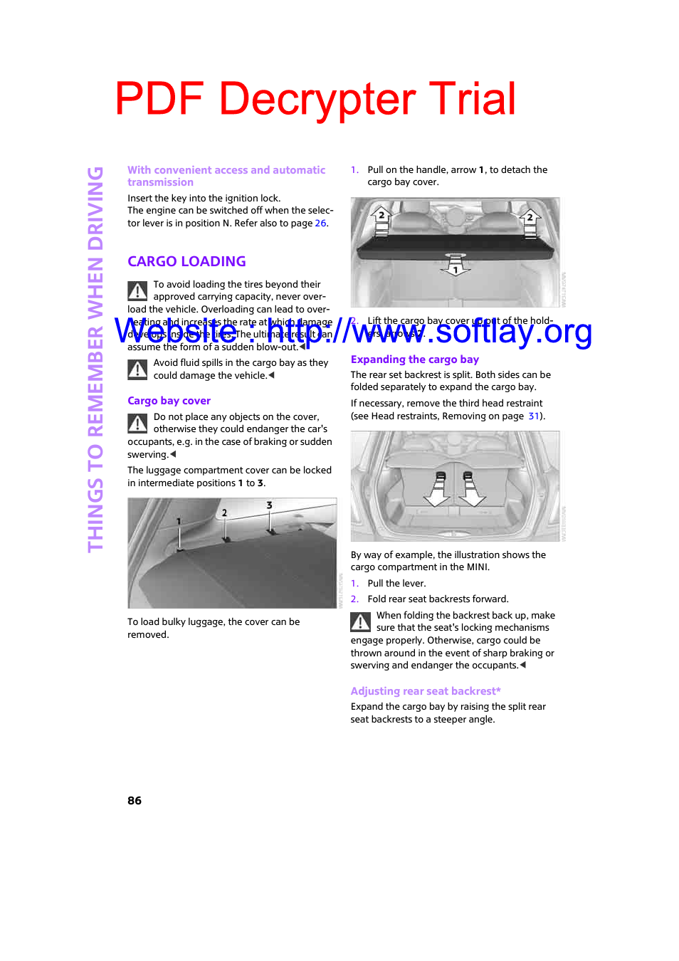 Cargo loading, Pdf decrypter trial, Things to remember when driving | Mini 2009 Clubman User Manual | Page 88 / 160