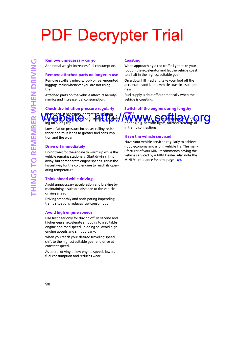 Pdf decrypter trial, Things to remember when driving | Mini 2009 Clubman User Manual | Page 92 / 160