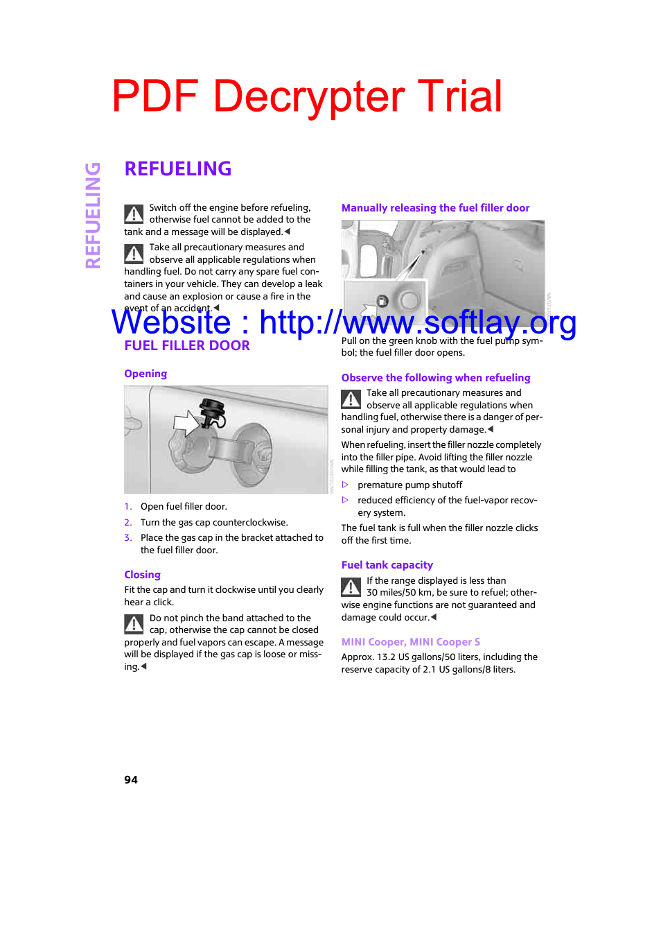Refueling, Fuel filler door, Pdf decrypter trial | Mini 2009 Clubman User Manual | Page 96 / 160