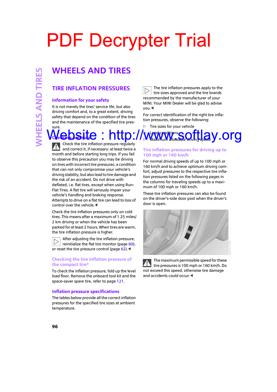 Wheels and tires, Tire inflation pressures, Pdf decrypter trial | Whee ls and tire s | Mini 2009 Clubman User Manual | Page 98 / 160