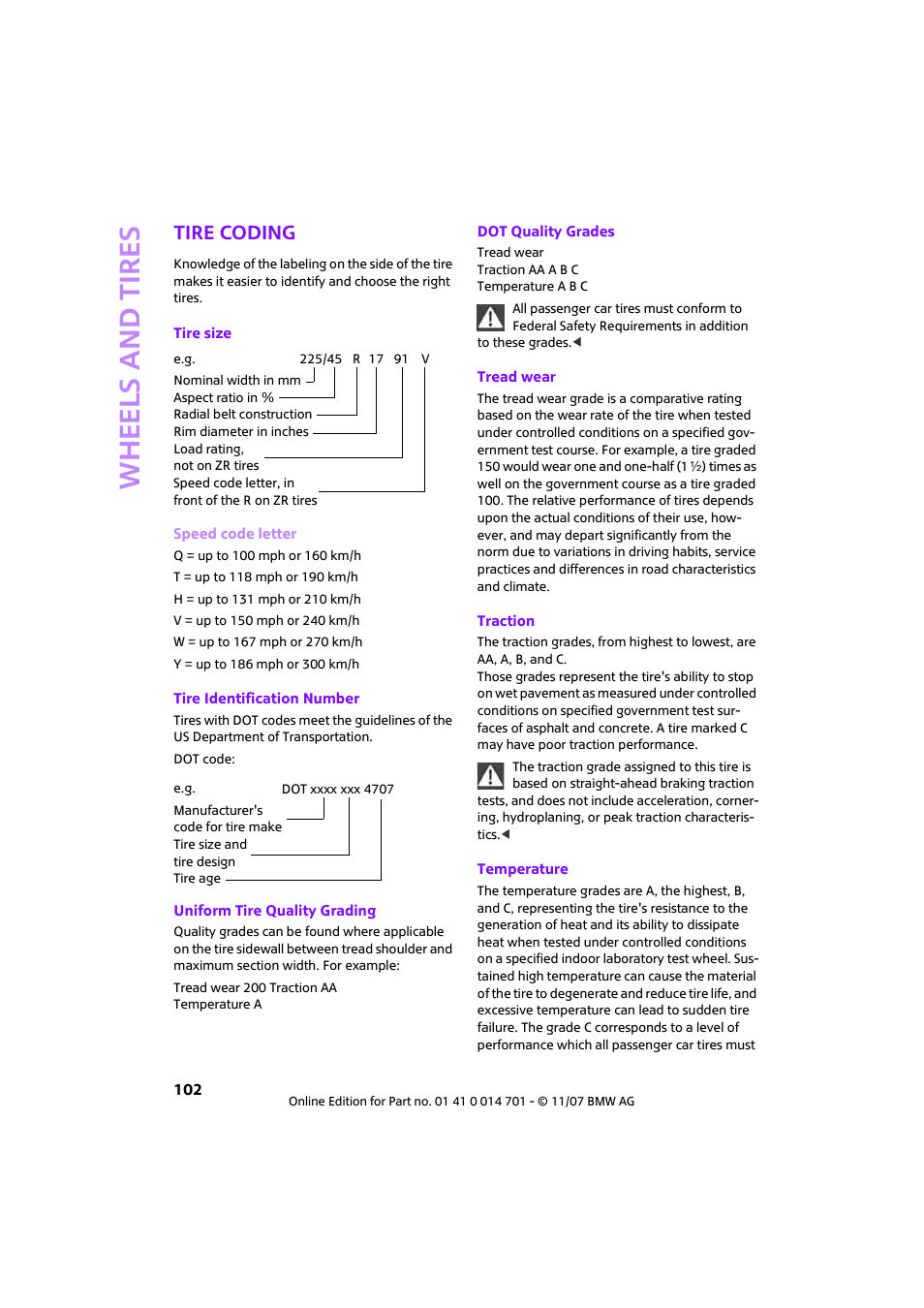 Tire coding, Whee ls and tire s | Mini 2008 Cooper User Manual | Page 104 / 164