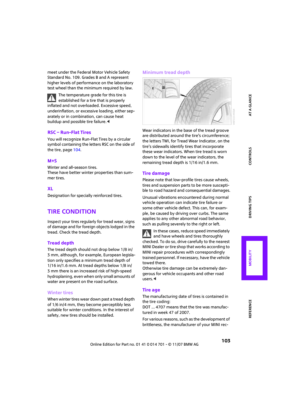 Tire condition, So to tread depth o | Mini 2008 Cooper User Manual | Page 105 / 164