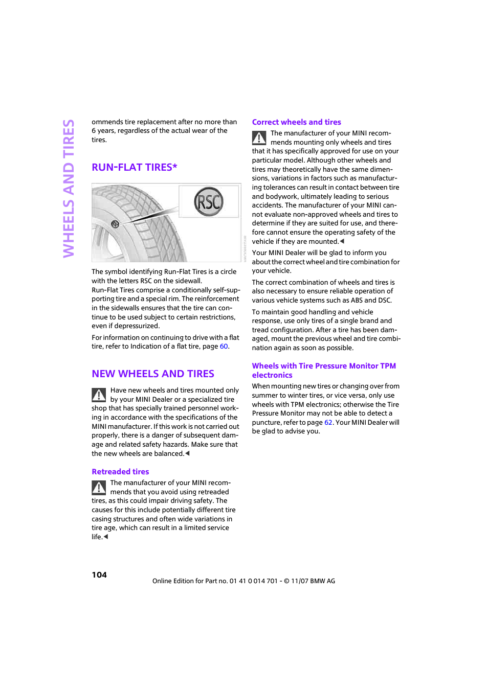 Run-flat tires, New wheels and tires, Whee ls and tire s | Mini 2008 Cooper User Manual | Page 106 / 164
