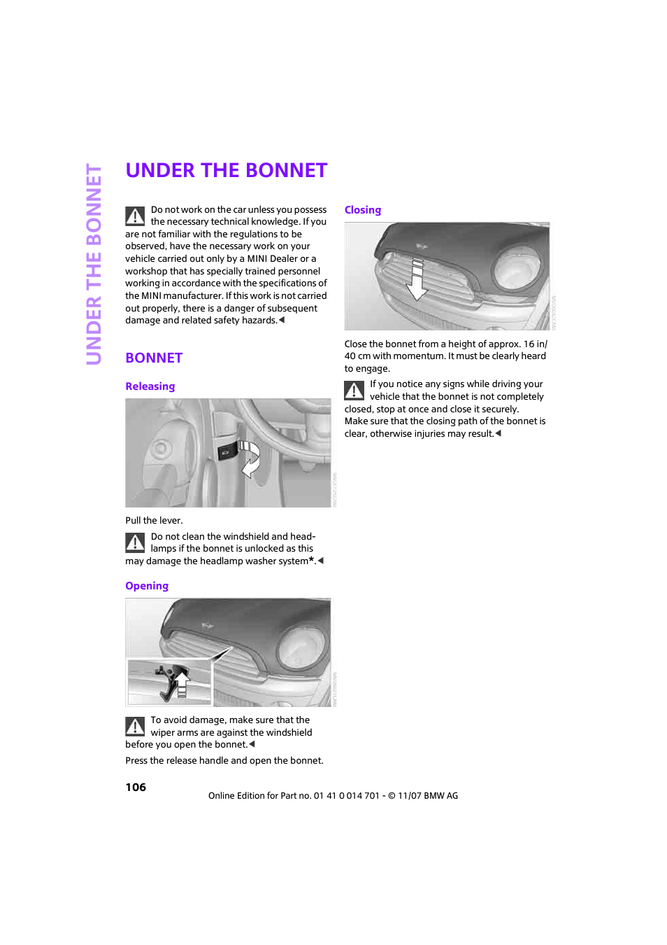 Under the bonnet, Bonnet, Under th e bo nnet | Mini 2008 Cooper User Manual | Page 108 / 164