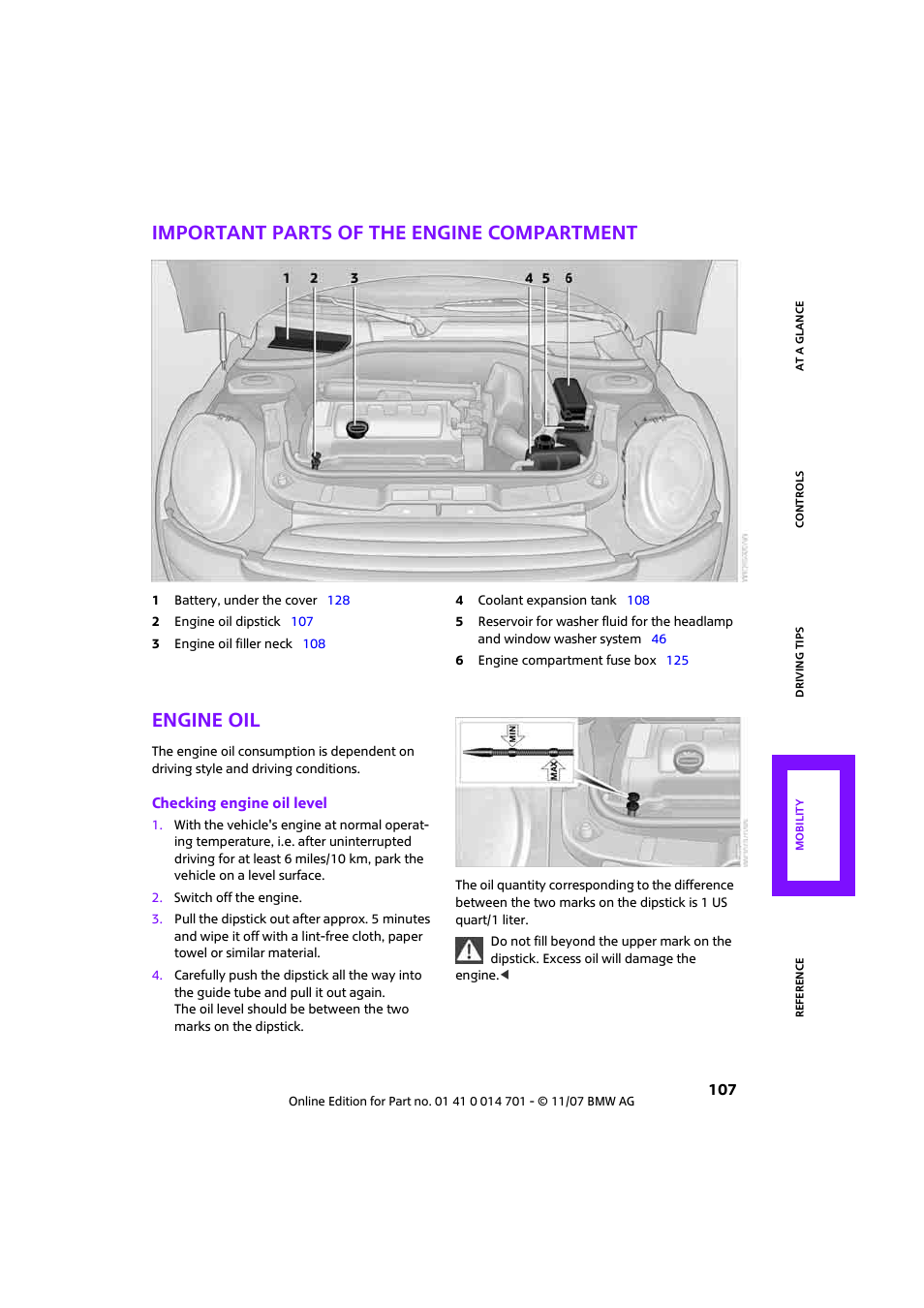 Important parts of the engine compartment, Engine oil | Mini 2008 Cooper User Manual | Page 109 / 164