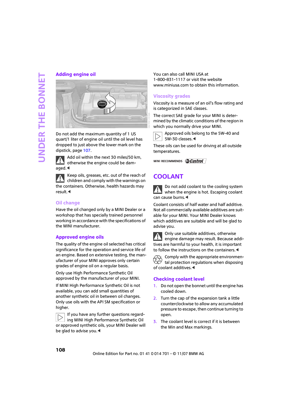 Coolant, N tank, Under th e bo nnet | Mini 2008 Cooper User Manual | Page 110 / 164
