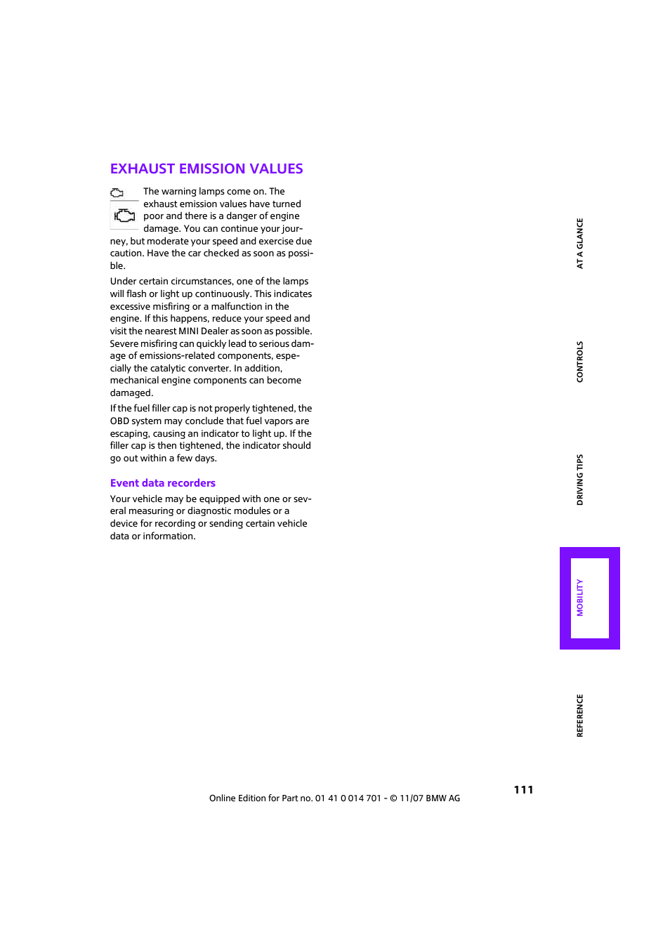Exhaust emission values | Mini 2008 Cooper User Manual | Page 113 / 164
