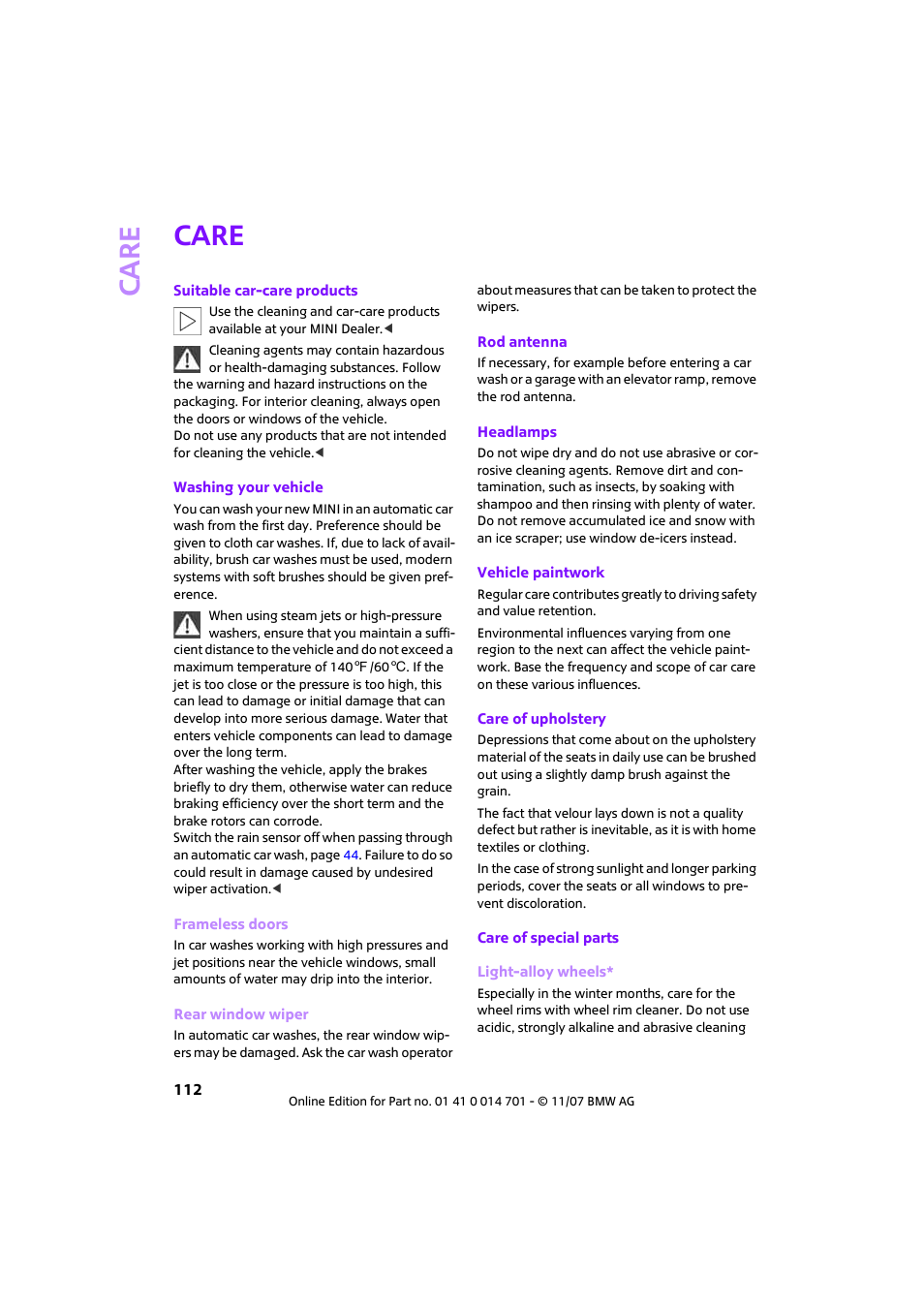 Care | Mini 2008 Cooper User Manual | Page 114 / 164