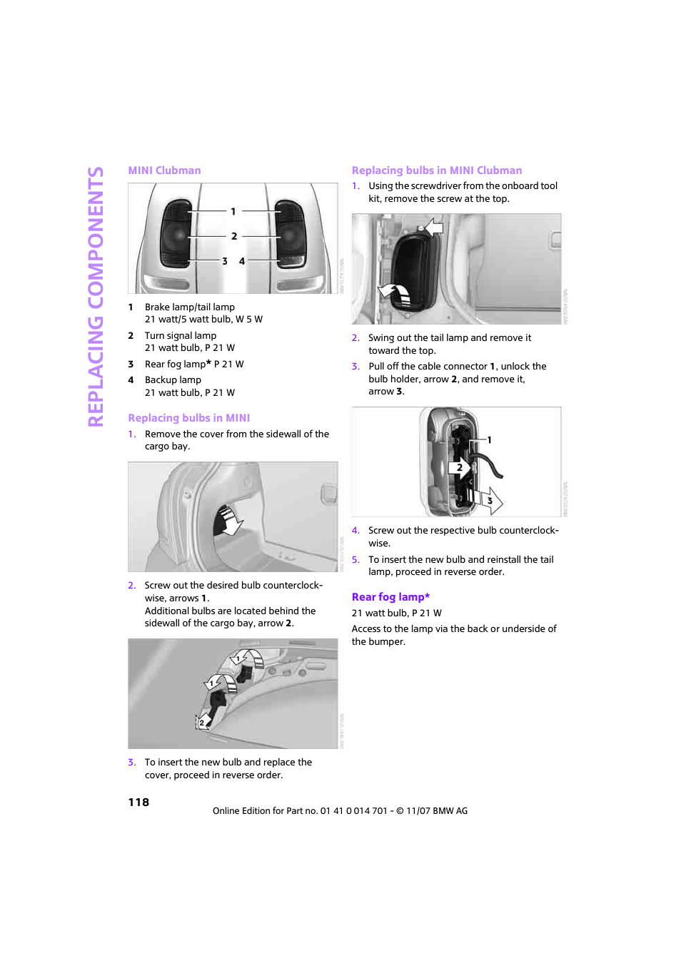 Re p la c ing co mp o n en ts | Mini 2008 Cooper User Manual | Page 120 / 164
