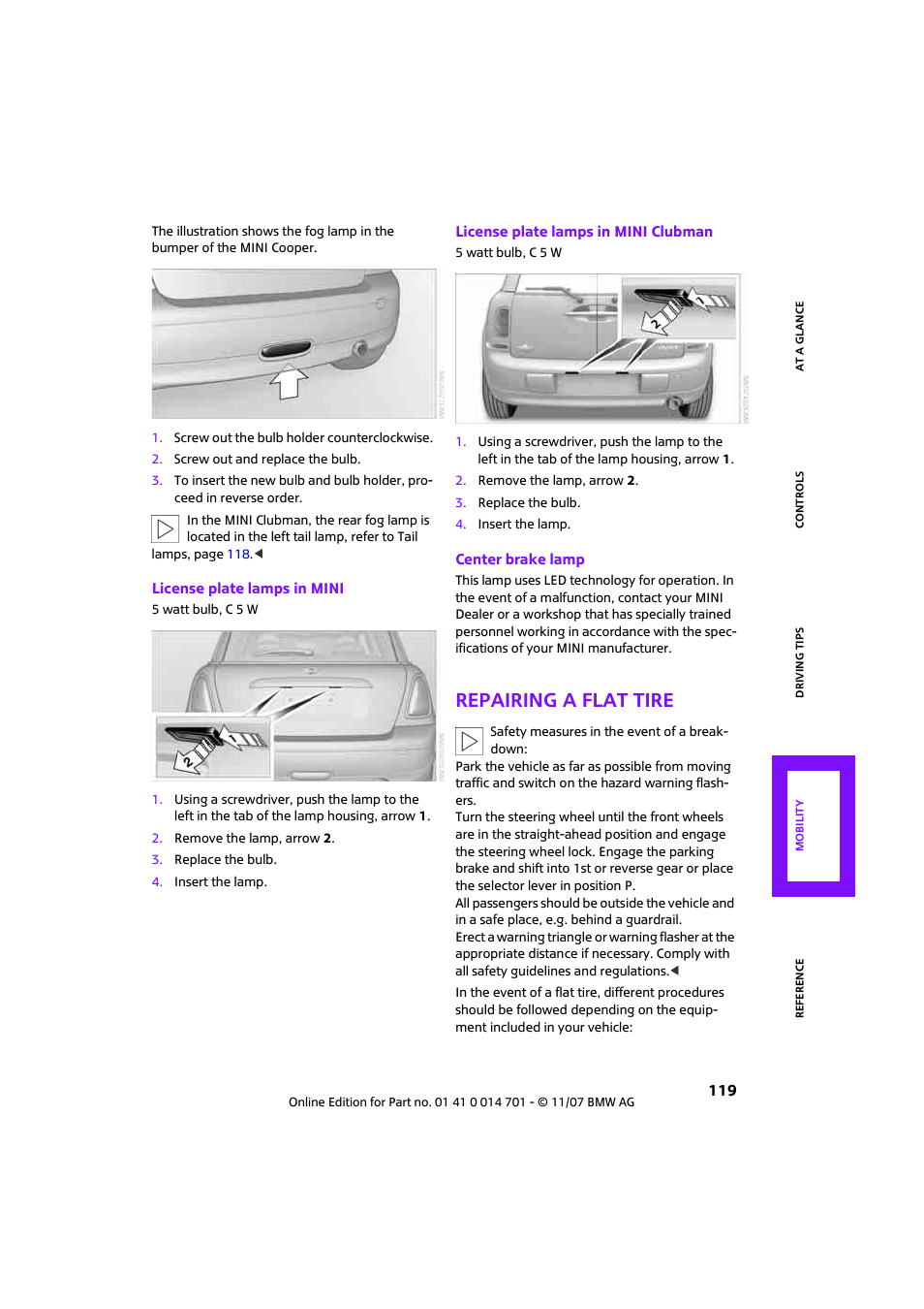 Repairing a flat tire | Mini 2008 Cooper User Manual | Page 121 / 164