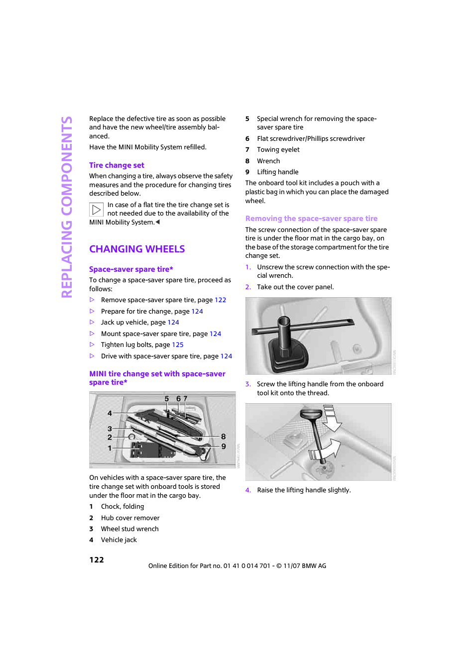 Changing wheels, Re p la c ing co mp o n en ts | Mini 2008 Cooper User Manual | Page 124 / 164