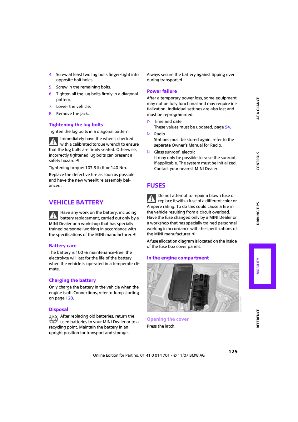 Vehicle battery, Fuses | Mini 2008 Cooper User Manual | Page 127 / 164