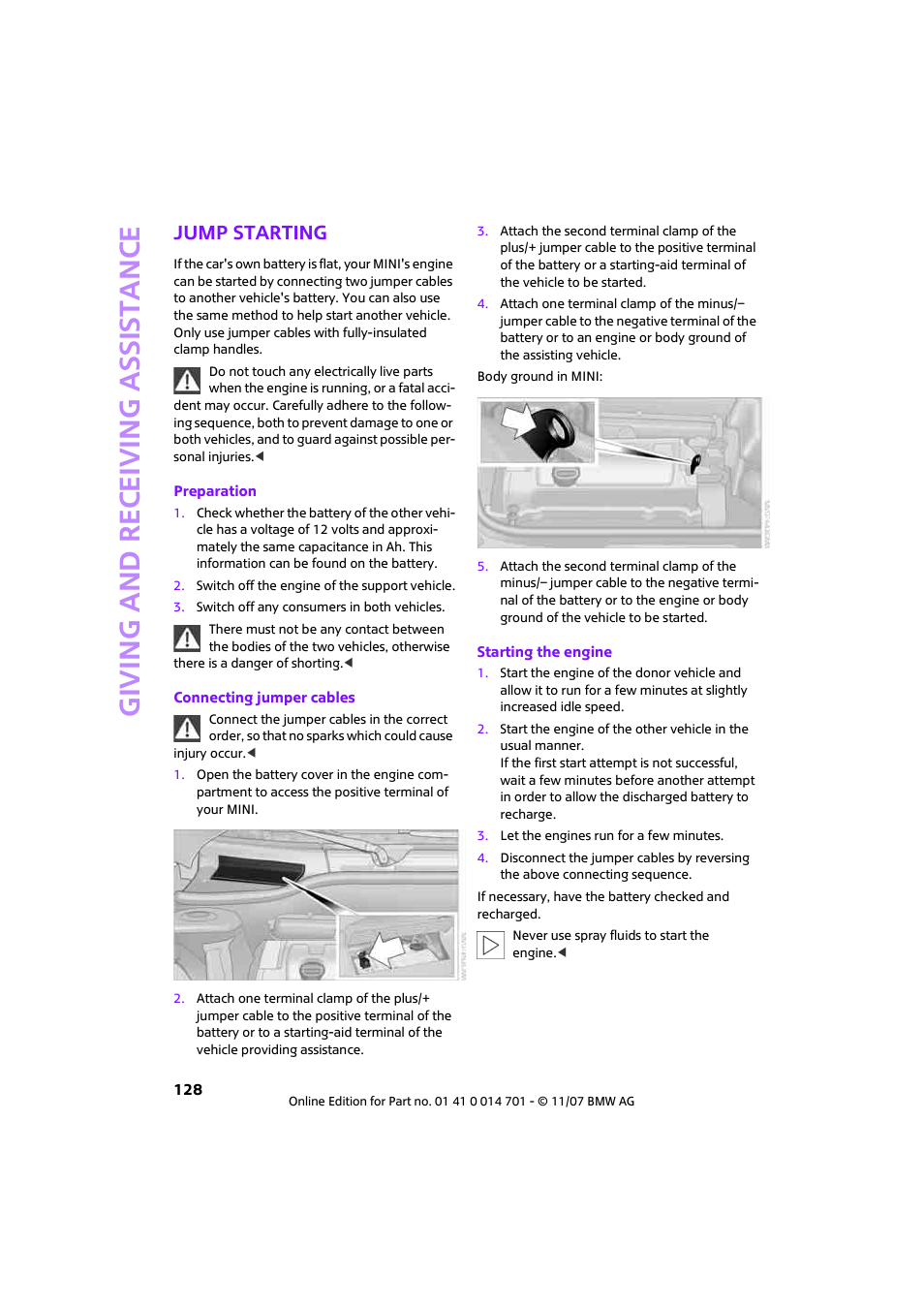 Jump starting, Giving and receiving assi stance | Mini 2008 Cooper User Manual | Page 130 / 164
