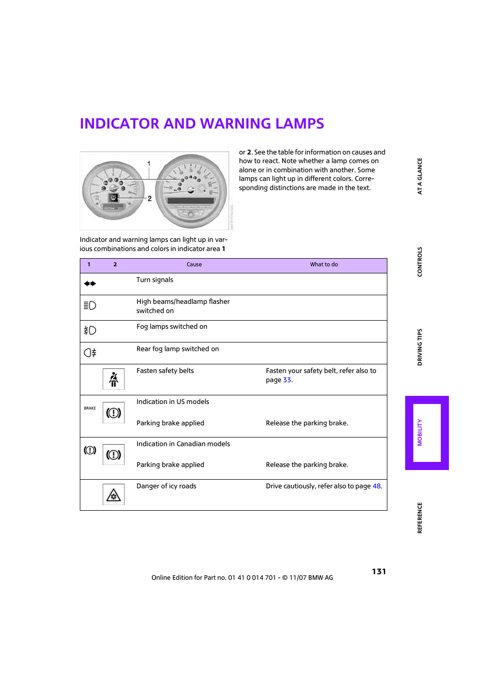 Indicator and warning lamps | Mini 2008 Cooper User Manual | Page 133 / 164