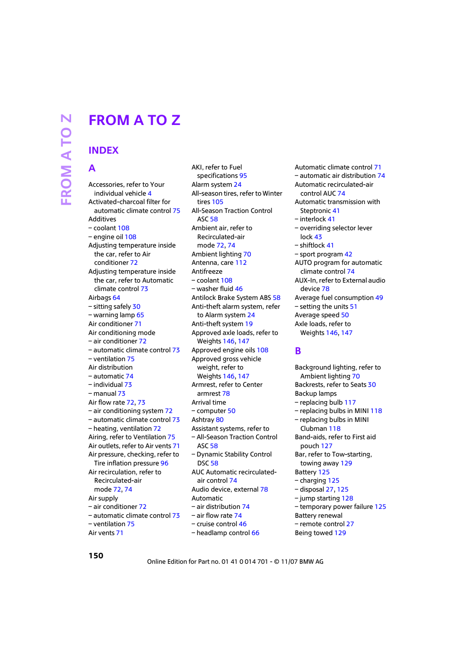 From a to z, Index, Index a | Mini 2008 Cooper User Manual | Page 152 / 164