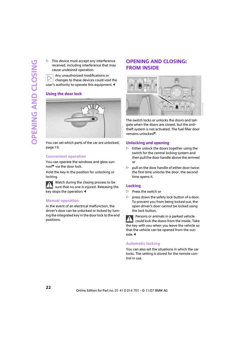 Opening and closing: from inside, Open ing and closing | Mini 2008 Cooper User Manual | Page 24 / 164