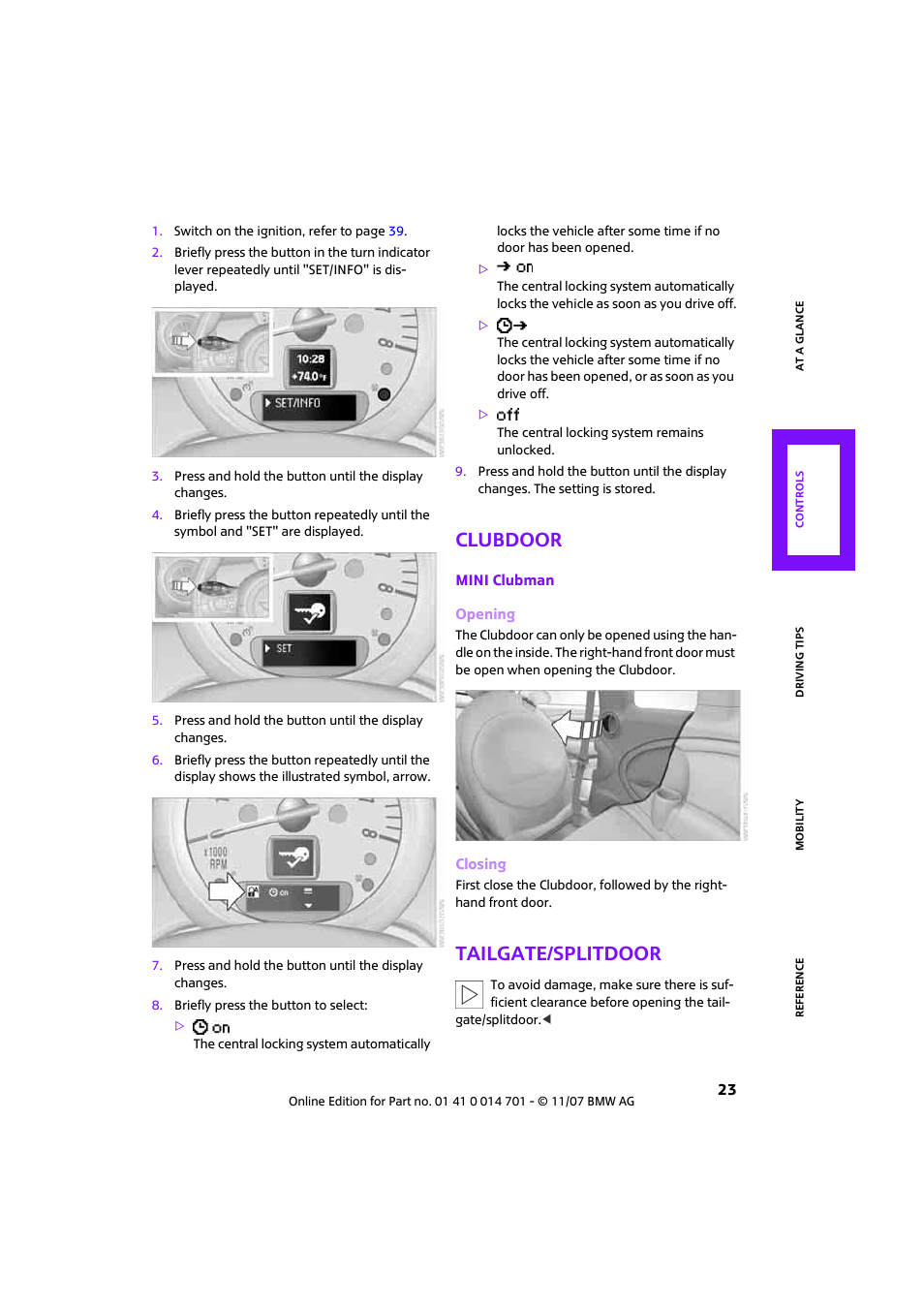 Clubdoor, Tailgate/splitdoor | Mini 2008 Cooper User Manual | Page 25 / 164