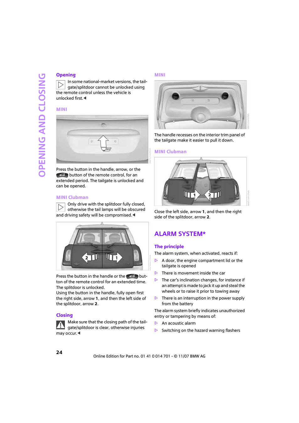 Alarm system, Open ing and closing | Mini 2008 Cooper User Manual | Page 26 / 164