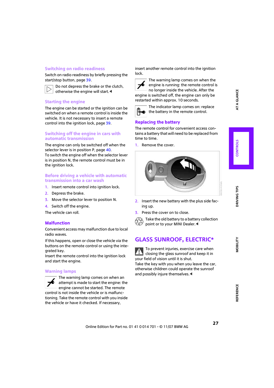 Glass sunroof, electric | Mini 2008 Cooper User Manual | Page 29 / 164