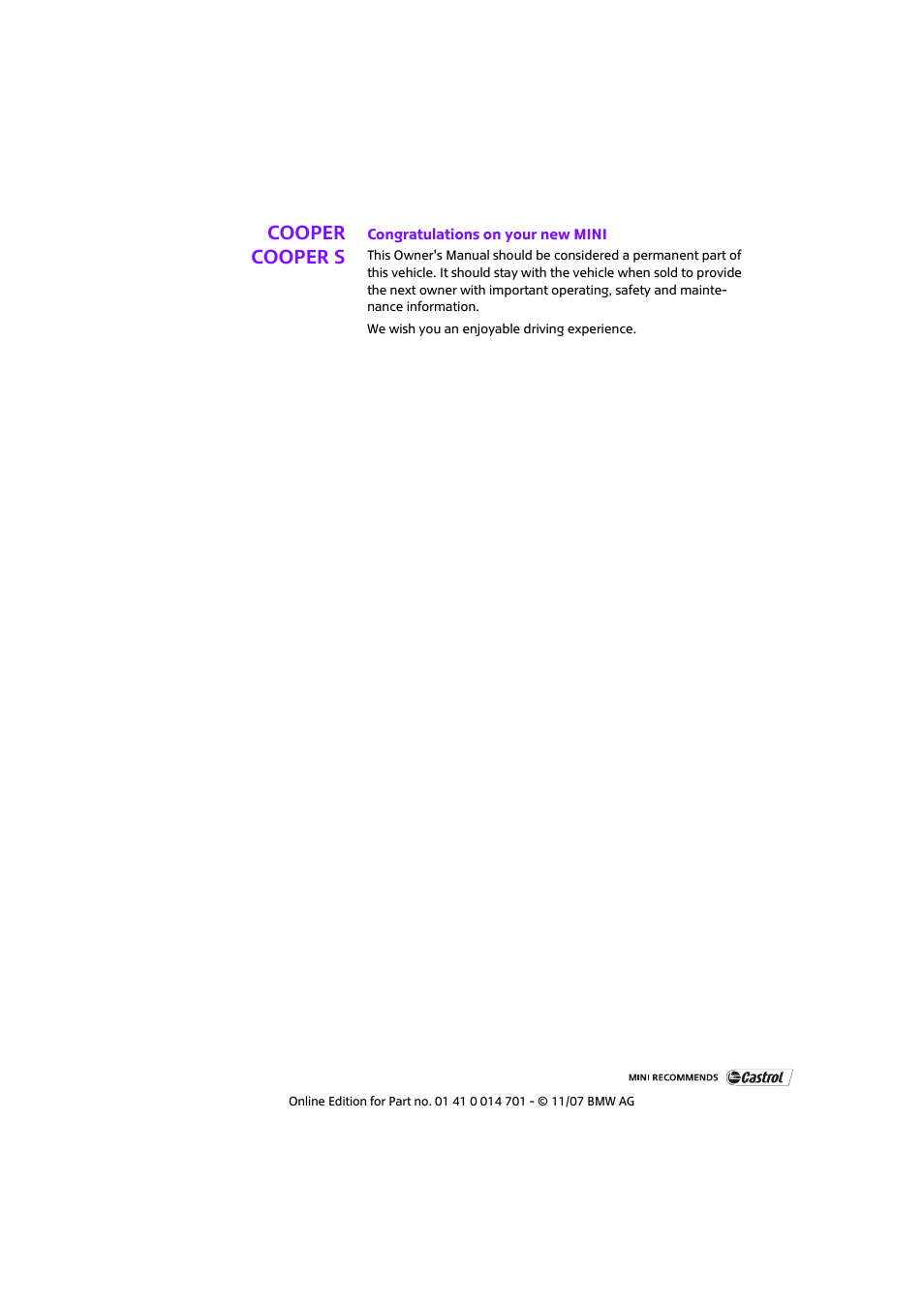 Cooper cooper s | Mini 2008 Cooper User Manual | Page 3 / 164