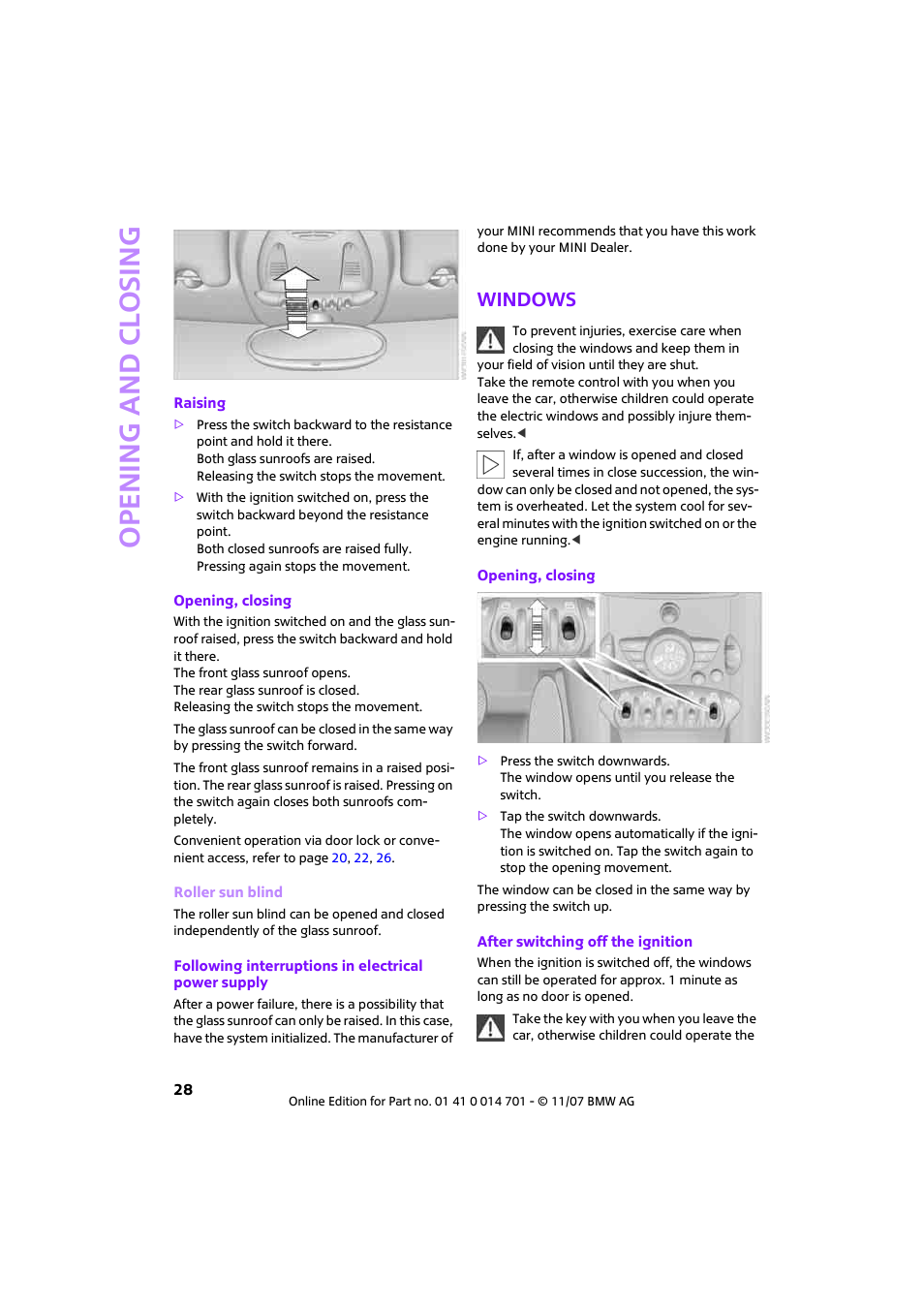 Windows, Open ing and closing | Mini 2008 Cooper User Manual | Page 30 / 164