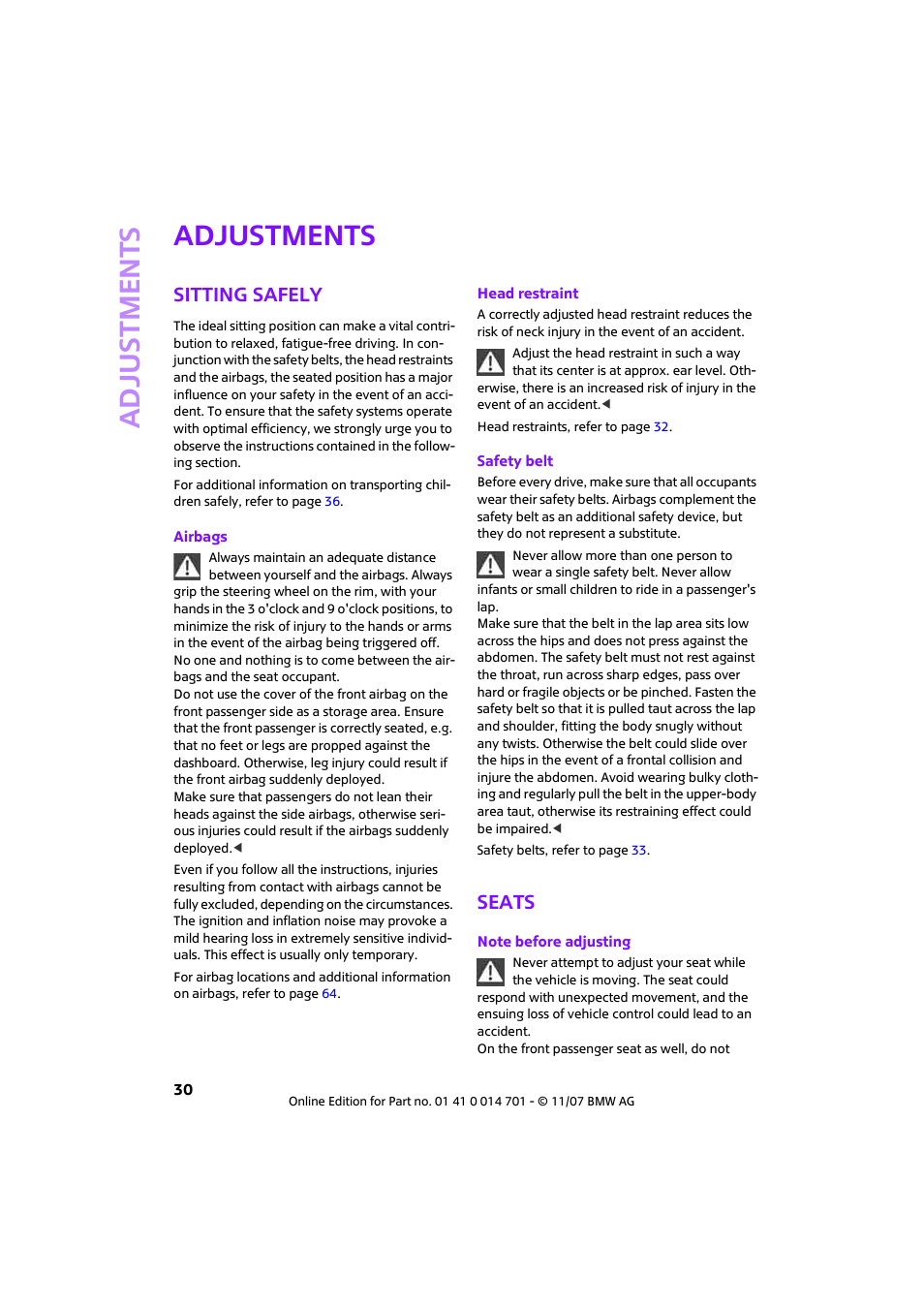 Adjustments, Sitting safely, Seats | Mini 2008 Cooper User Manual | Page 32 / 164