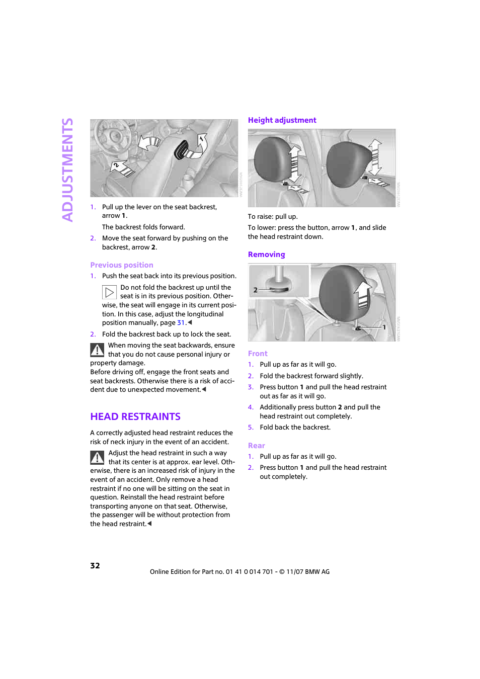 Head restraints, Adjustments | Mini 2008 Cooper User Manual | Page 34 / 164