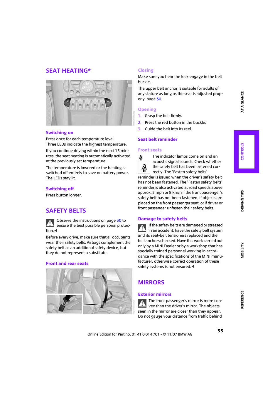 Seat heating, Safety belts, Mirrors | Safety belts, r | Mini 2008 Cooper User Manual | Page 35 / 164