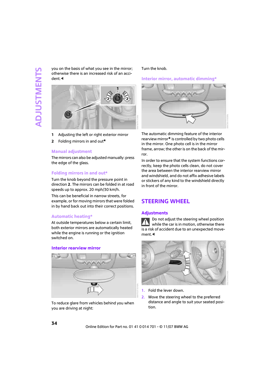 Steering wheel, Adjustments | Mini 2008 Cooper User Manual | Page 36 / 164
