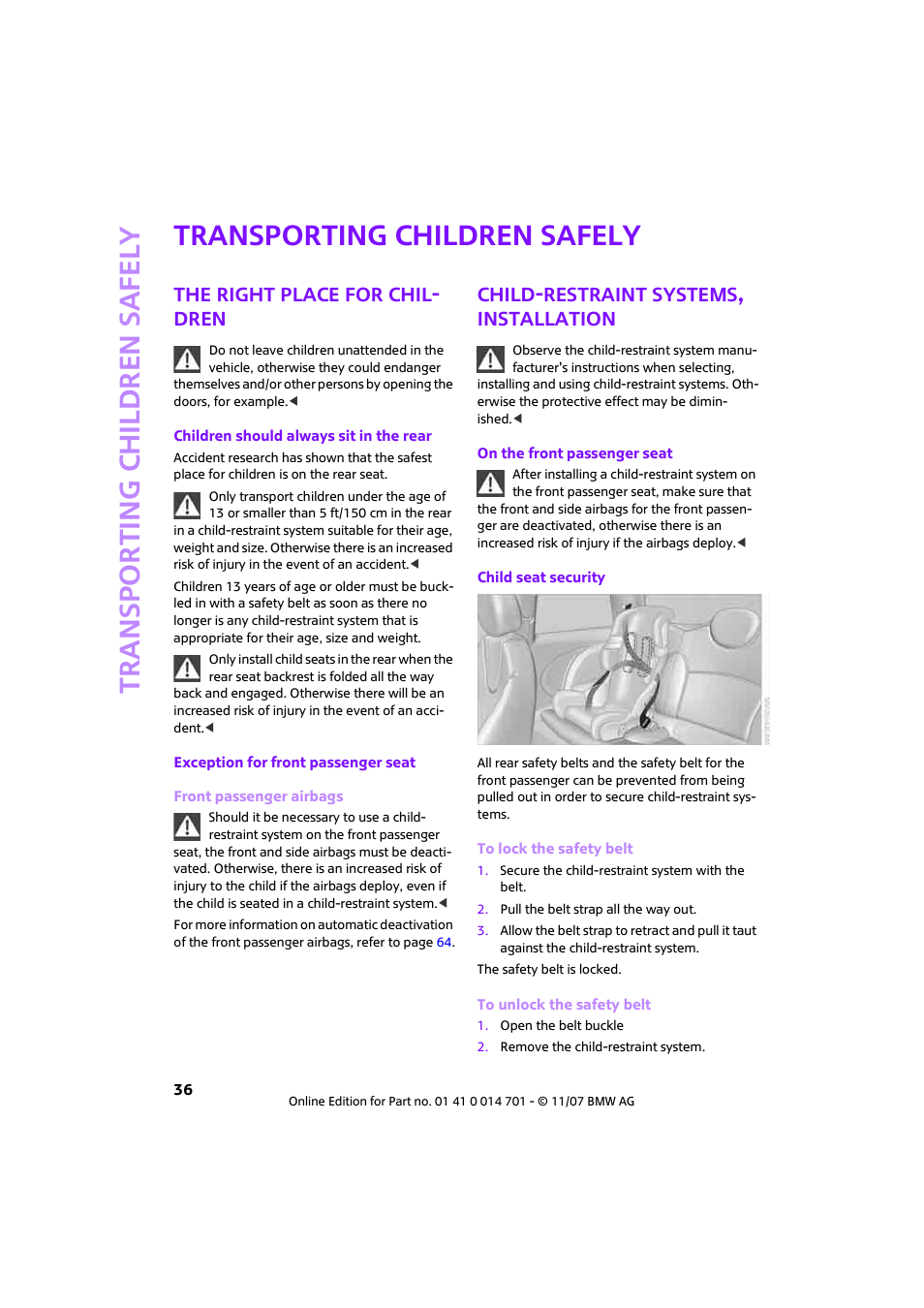 Transporting children safely, The right place for chil dren, Child-restraint systems, installation | The right place for chil- dren | Mini 2008 Cooper User Manual | Page 38 / 164