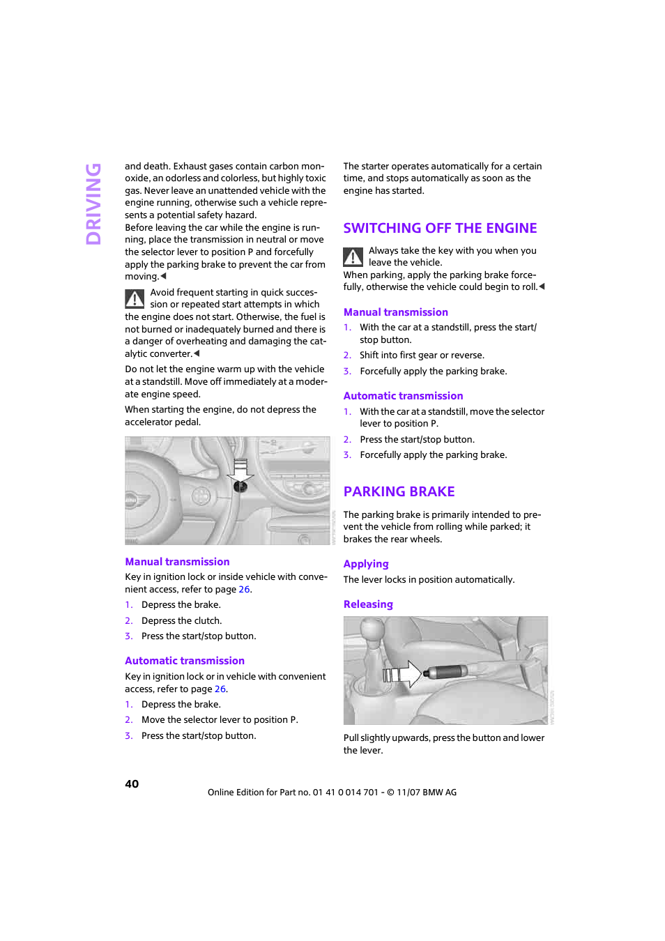 Switching off the engine, Parking brake, Driving | Mini 2008 Cooper User Manual | Page 42 / 164