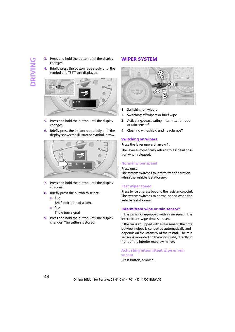 Wiper system, Driving | Mini 2008 Cooper User Manual | Page 46 / 164