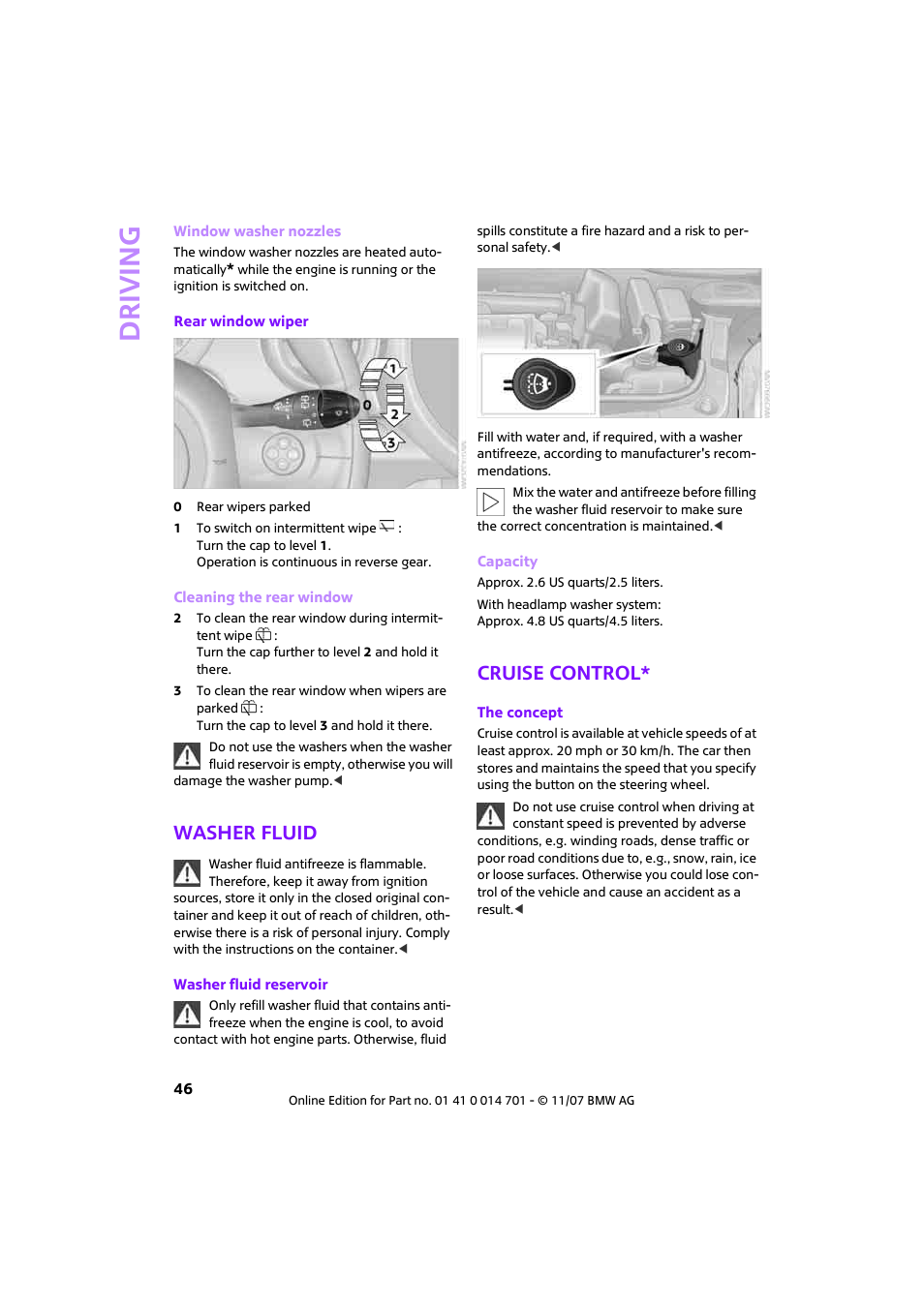 Washer fluid, Cruise control, Driving | Mini 2008 Cooper User Manual | Page 48 / 164