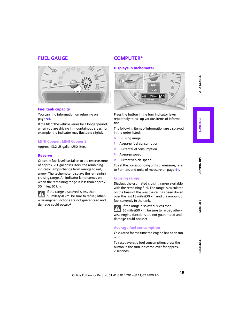 Fuel gauge, Computer | Mini 2008 Cooper User Manual | Page 51 / 164