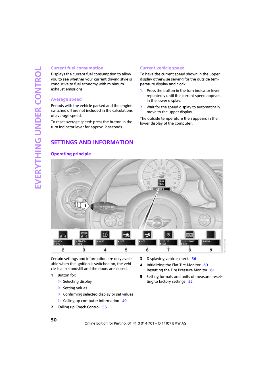 Settings and information, Ever yth ing under control | Mini 2008 Cooper User Manual | Page 52 / 164