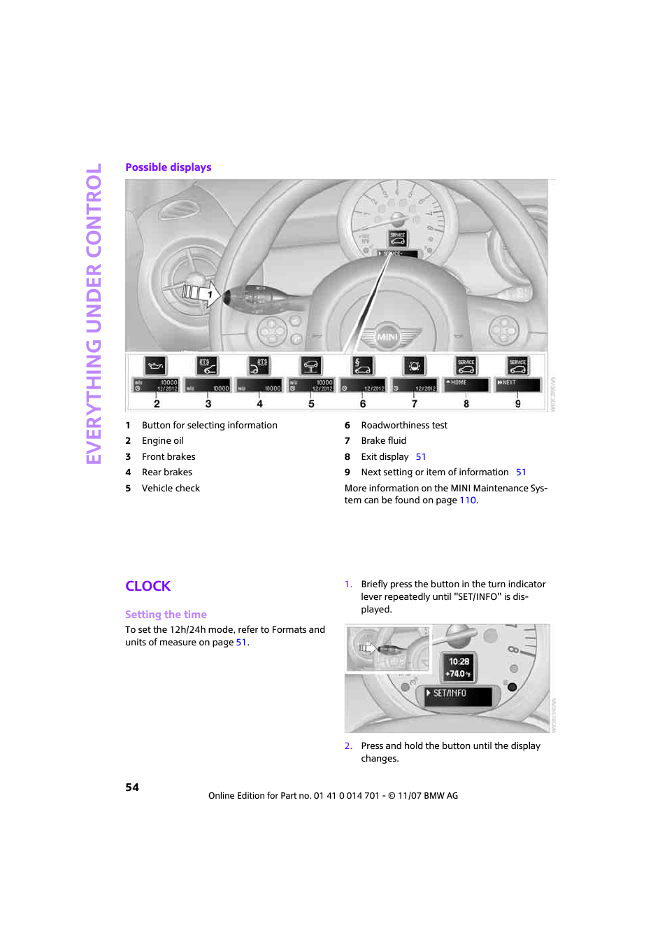 Clock, Setting the time, Ever yth ing under control | Mini 2008 Cooper User Manual | Page 56 / 164