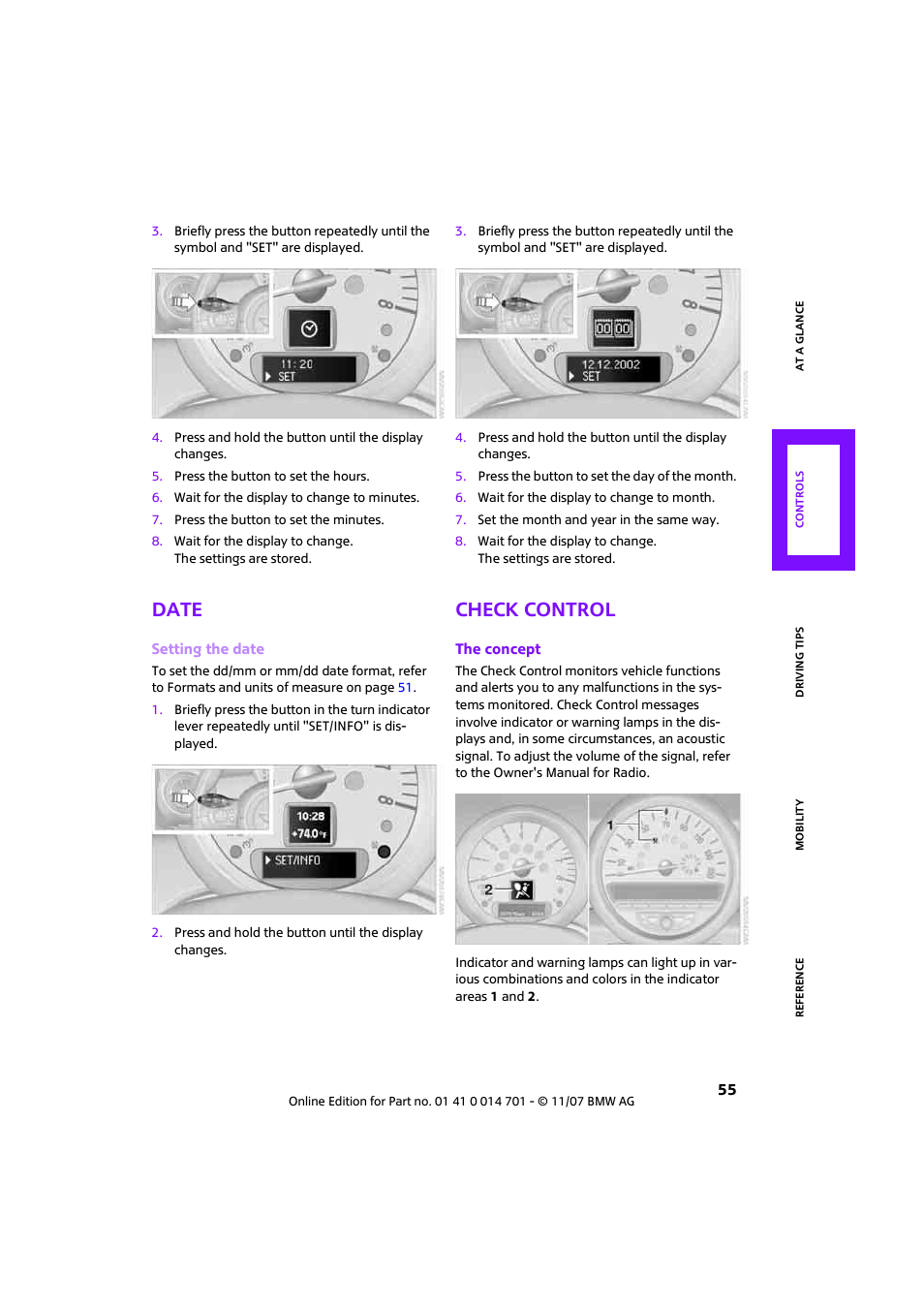 Date, Check control | Mini 2008 Cooper User Manual | Page 57 / 164