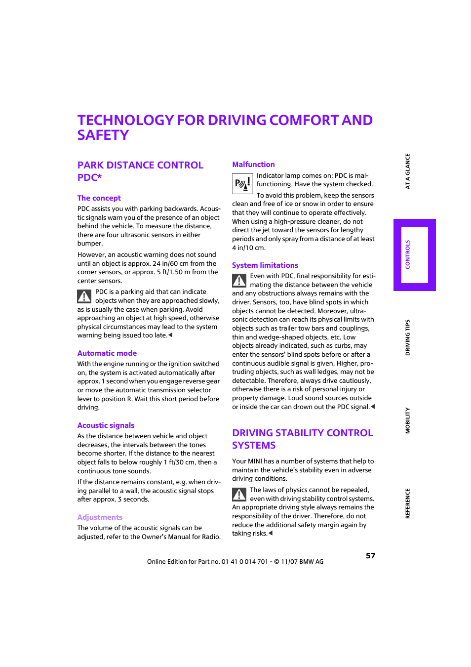 Technology for driving comfort and safety, Park distance control pdc, Driving stability control systems | Mini 2008 Cooper User Manual | Page 59 / 164
